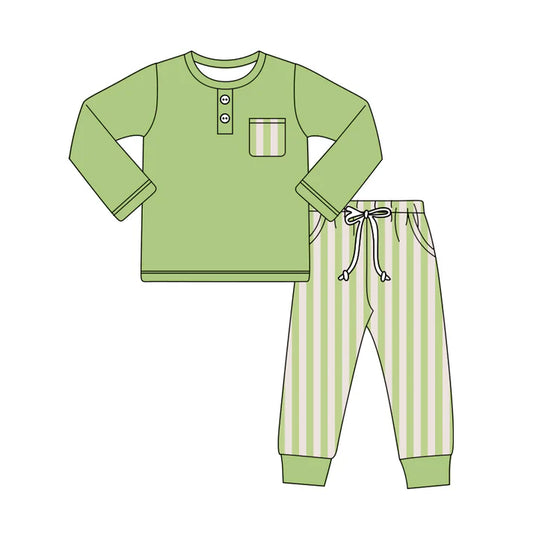 Preorder (moq 5)Baby Boys Green Long Sleeves Button Pocket Top Stripes Legging Pant Set 5.27