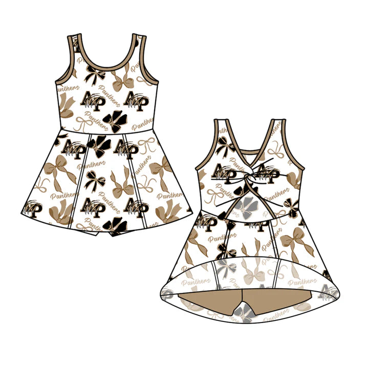 Preorder (moq 5)Baby Girls Brown Sleeveless AP Bows Plaid Shorts Team Knee Length Dresses 6.30