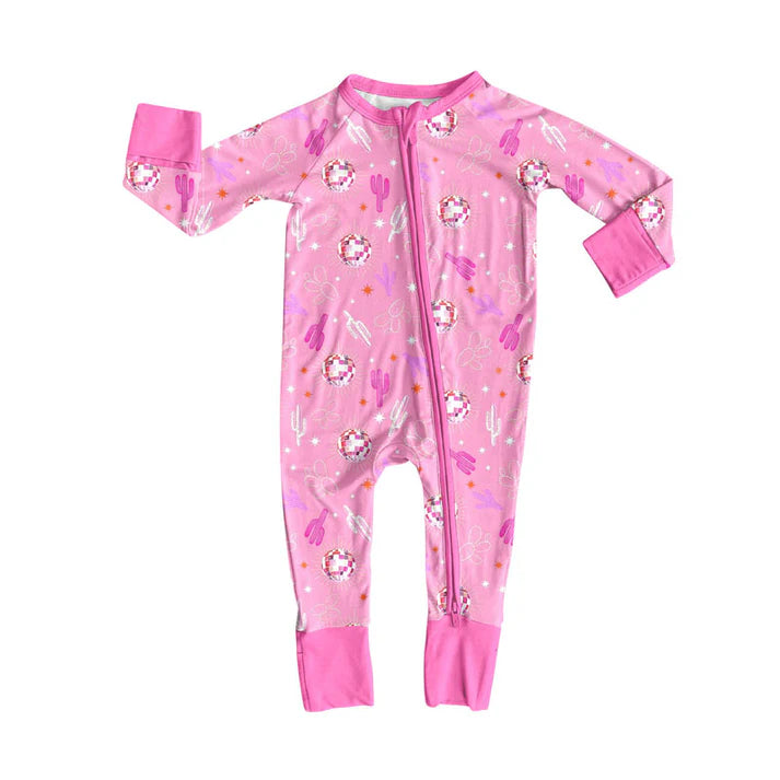 Preorder (moq 8)Baby Girls Pink Cactus Stars Western Zipper Footie Rompers 9.11