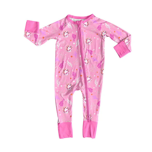 Preorder (moq 8)Baby Girls Pink Cactus Stars Western Zipper Footie Rompers 9.11
