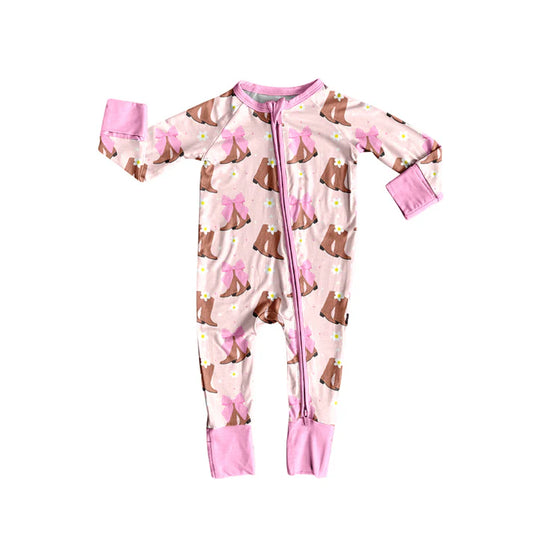 Preorder(moq 5)Baby Girls Western Boots Bows Zipper Footie Rompers 8.7