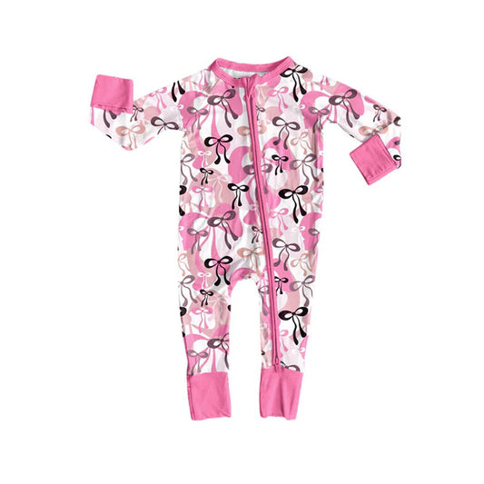 Preorder (moq 8)Baby Girls Pink Black Bows Plaid Zipper Footie Rompers 9.25