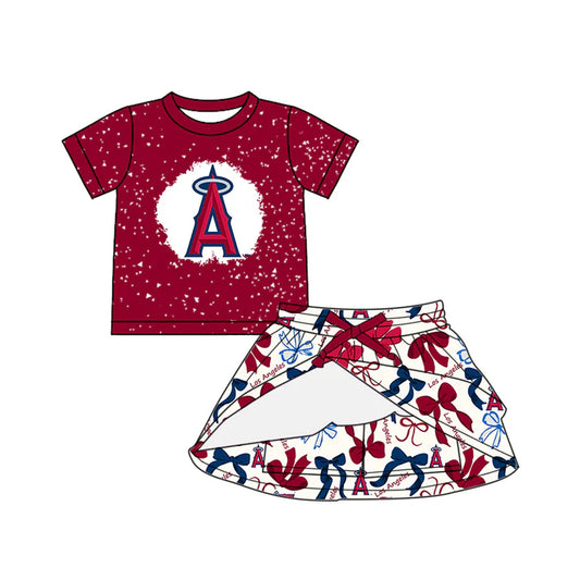 Preorder (moq 5)Baby Girls Red Short Sleeves A Top Bows Plaid Skorts Team Set 6.14