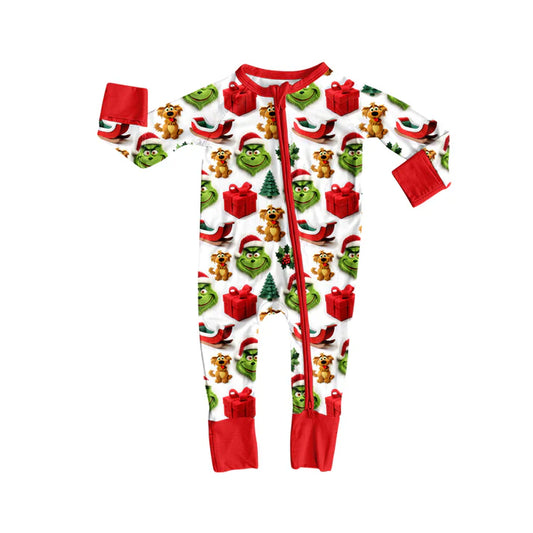 Preorder(moq 5)Baby Infant Boys Green Face Gifts Christmas Zipper Rompers 8.4