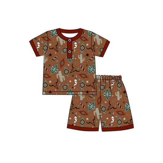 Preorder (moq 5)Baby Boys Dark Red Short Sleeves Button Cactus Bull Skull Aztec Top Shorts Pajamas Set 4.24