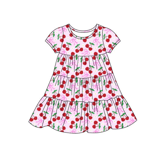 Preorder(moq 5) Baby Girls Bows Cherry Flowers Patchwork Ruffle Knee Length Dresses 11.14