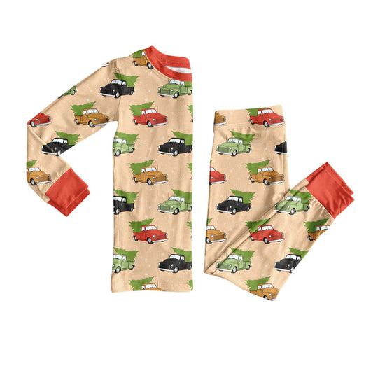 Preorder (moq 8)Baby Boys Green Red Cars Trees Top Pants Christmas Pajamas Sets 9.24
