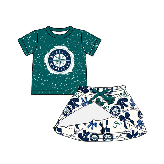 Preorder (moq 5)Baby Girls Green Short Sleeves Seattle Mariners Top Bows Plaid Skorts Team Set 6.23