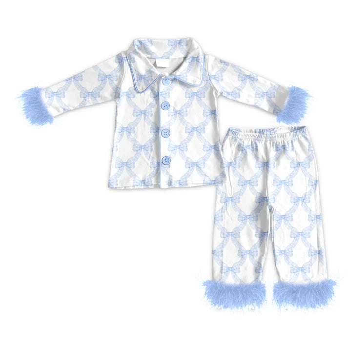 Preorder (moq 5)Baby Girls Long Sleeves With Fur Blue Bows Plaid Top Pant Pajamas Set 5.19