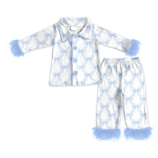 Preorder (moq 5)Baby Girls Long Sleeves With Fur Blue Bows Plaid Top Pant Pajamas Set 5.19