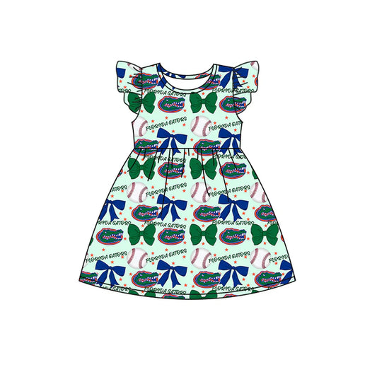 Preorder (moq 5)Baby Girls Flutter Sleeves Baseballs Bows Crocodiles Team Knee Length Dresses 6.16