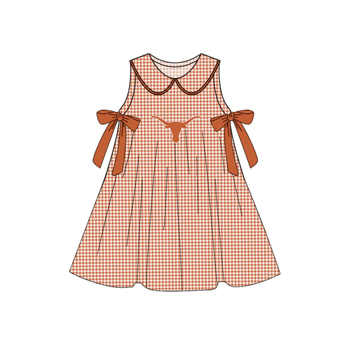 Preorder (moq 5)Baby Girls Orange Plaid Sleeveless Bows Bull Skull Team Knee Length Dresses 7.10