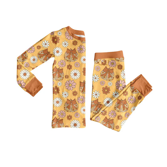 Preorder (moq 5)Baby Girls Khaki Long Sleeves Bow Pumpkins Flowers Top Pants Pajamas Set 6.21