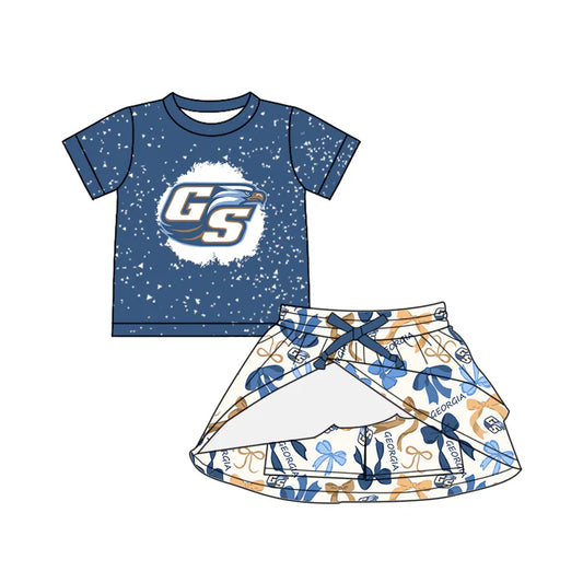 Preorder (moq 5)Baby Girls Hot Blue Short Sleeves GS Top Bows Plaid Skorts Team Set 6.14