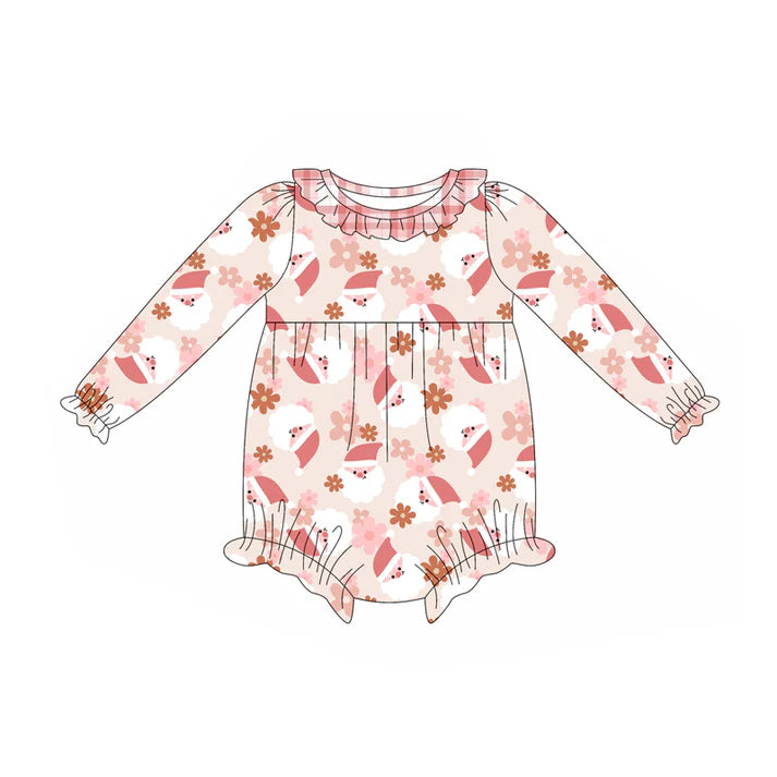 Preorder (moq 5)Baby Girls Long Ruffle Sleeves Santa Flowers Rompers 5.23