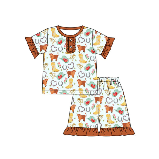 Preorder (moq 5)Baby Girls Brown Short Ruffle Sleeves Highland Cows Hats Button Top Short Pajamas Set 5.15