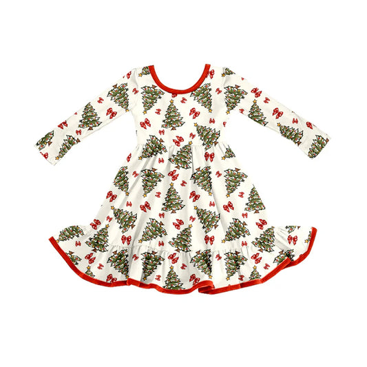 Preorder (moq 5)Baby Girls Christmas Trees Bows Ruffle Knee Length Dresses 8.8