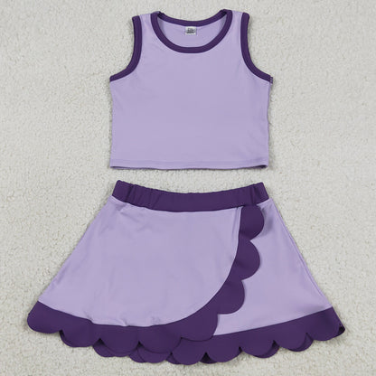 Baby Girls Clothes Sleeveless Purple Vest Scallop Skirt Short Yoga Active Clothes Set GSD4026