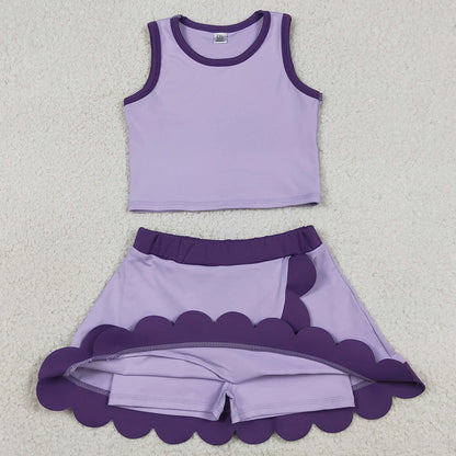 Baby Girls Clothes Sleeveless Purple Vest Scallop Skirt Short Yoga Active Clothes Set GSD4026