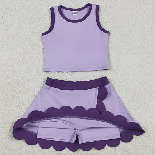Baby Girls Clothes Sleeveless Purple Vest Scallop Skirt Short Yoga Active Clothes Set GSD4026