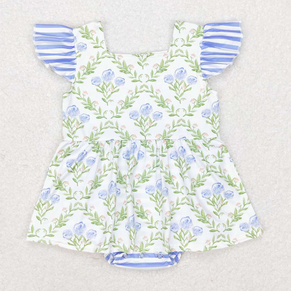 Baby Infant Girls Rompers Blue Green Flowers Flutter Sleeve Rompers SR1371