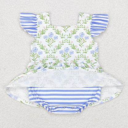 Baby Infant Girls Rompers Blue Green Flowers Flutter Sleeve Rompers SR1371