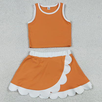 Baby Girls Clothes Orange White Vest Scallop Skirts Shorts Yoga Active Clothes Set GSD4033
