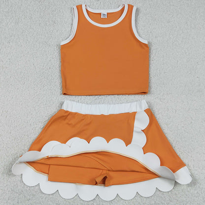 Baby Girls Clothes Orange White Vest Scallop Skirts Shorts Yoga Active Clothes Set GSD4033
