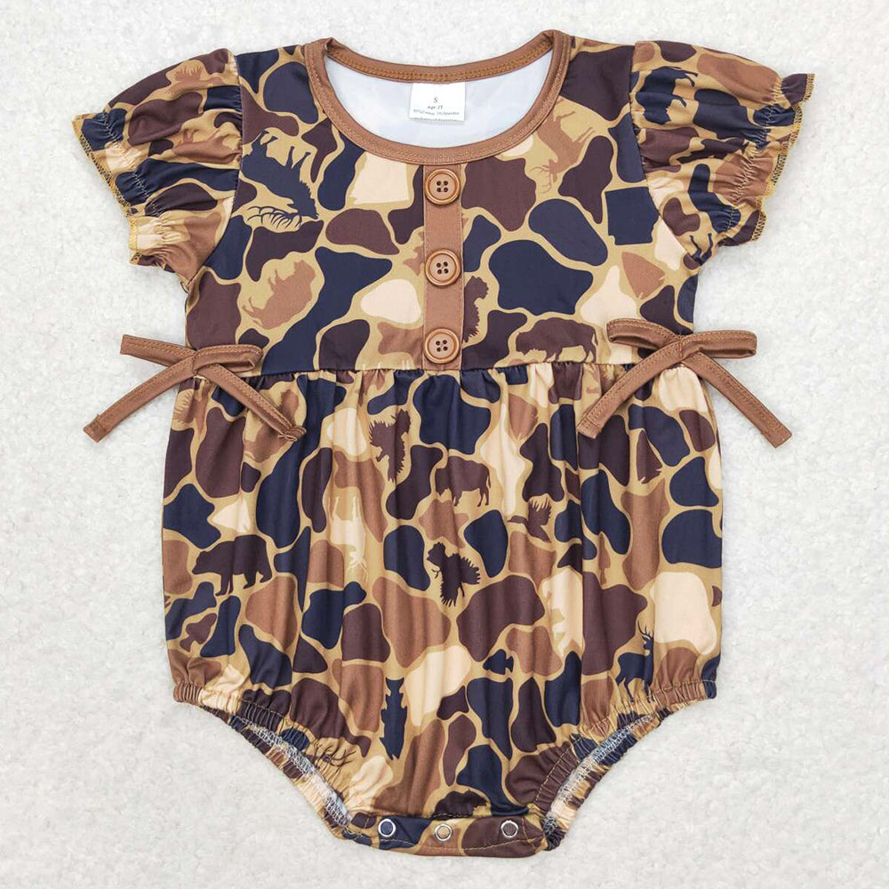 Baby Infant Girls Rompers Brown Camo Bows Short Sleeve Rompers SR1682