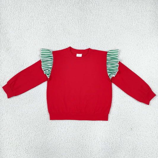 Baby Girls Red Green Stripe Long Flutter Sleeve T-shirts Top GT1844