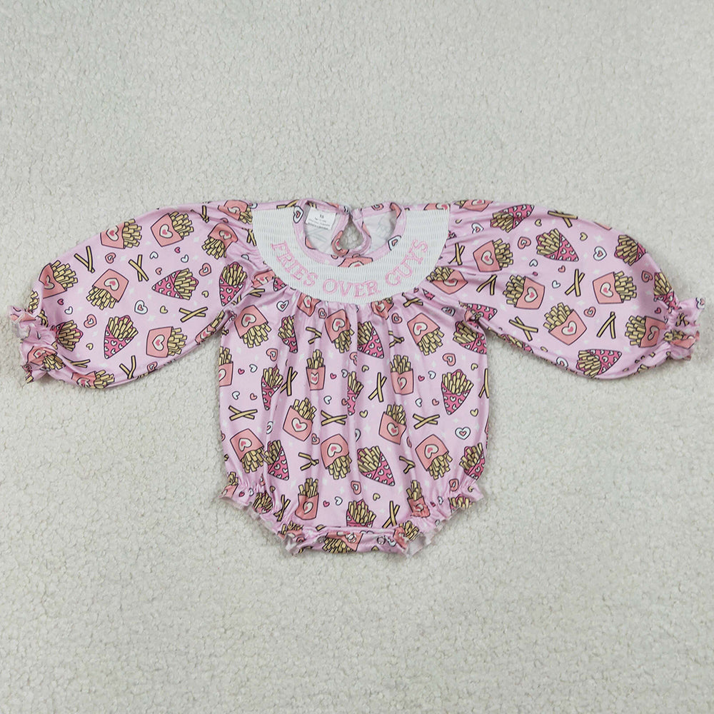 Baby Girls Rompers Smocked Fries Over Guys Pink Hearts Chip Valentines Ruffle Rompers LR2768 12.20