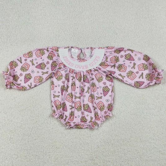 Baby Girls Rompers Smocked Fries Over Guys Pink Hearts Chip Valentines Ruffle Rompers LR2768 12.20