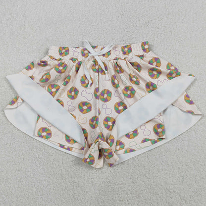 Adult Women Shorts Mardi Gras Donuts Necklaces Yoga Active Ruffle Shorts Bottoms SS0680 12.5