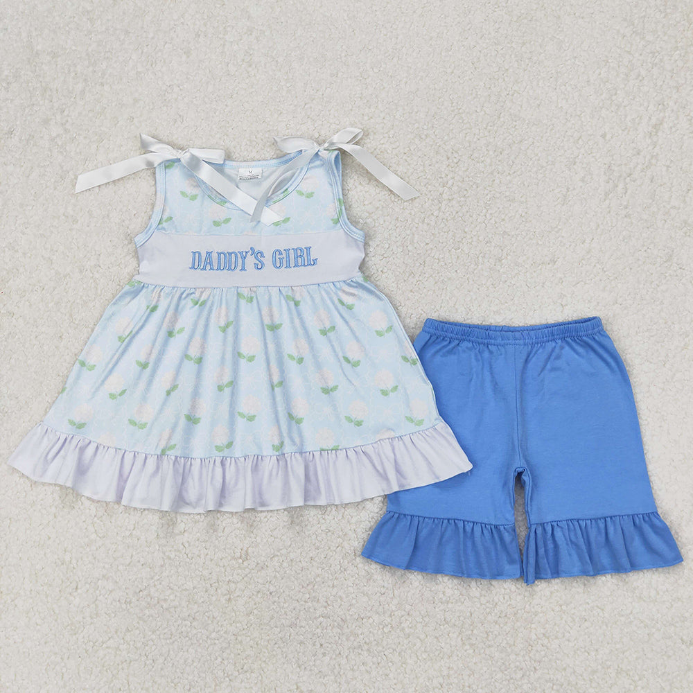 Baby Girls Clothes Blue Bows Daddy's Girl Tunic Tops Ruffle Shorts Sets GSSO2152