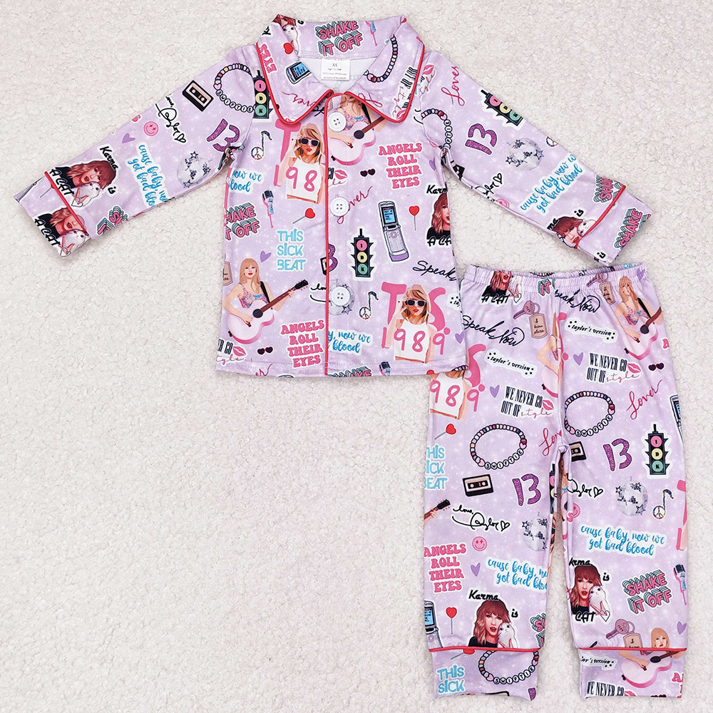 Hot Sale Baby Girls Pajamas Lavender Buttons Shirt Pants Pajamas Sleepwear Sets GLP1338