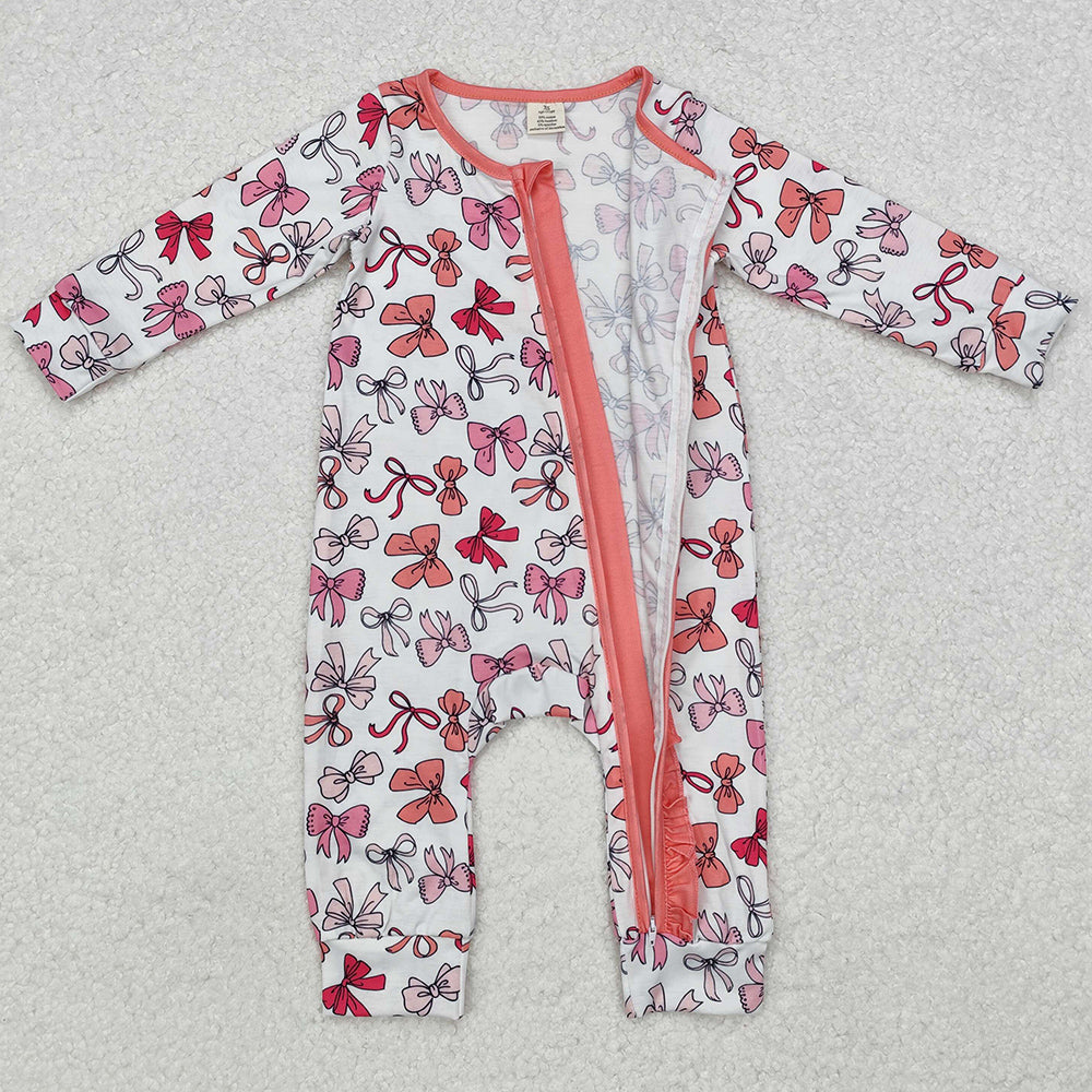 Baby Infant Girls Rompers Valentines Pink Bows Zip Bamboo Rompers LR1905