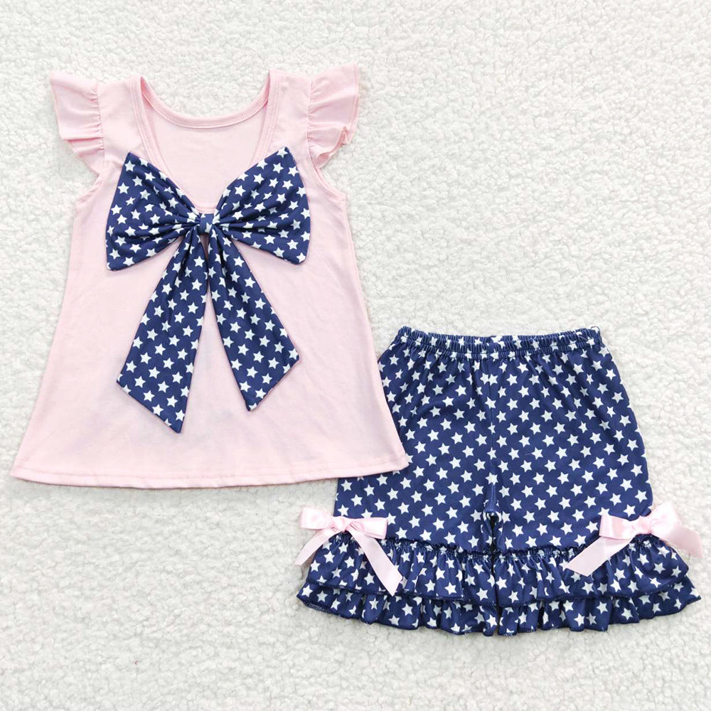 Baby Girls Clothes 4th Of July Dog Embroidery Pink Ruffle Shorts Sets GSSO0236 BSSO0227