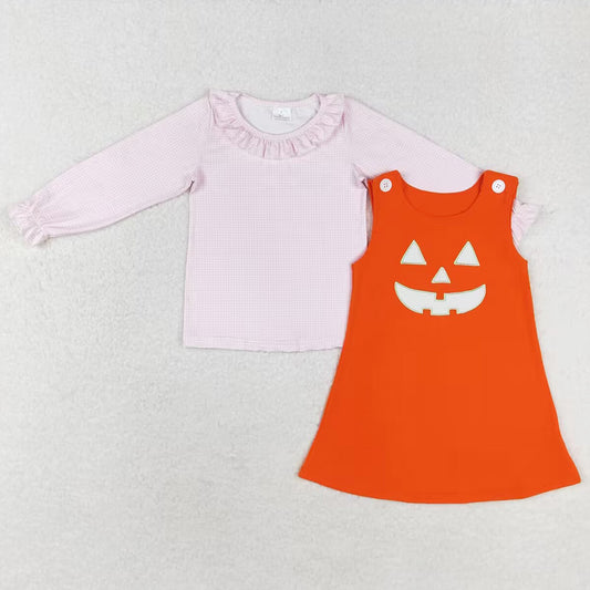 Hot Sale Baby Girls Dress Orange Halloween Ghost Pumpkin 2pcs Shirt Knee Length Dresses Sets GLD0808