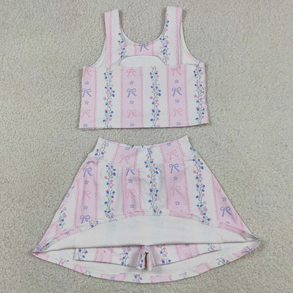 Baby Girls Clothes Sleeveless Bows Flowers Stripe Vest Skirt Short Yoga Active Clothes Sets GSD2216