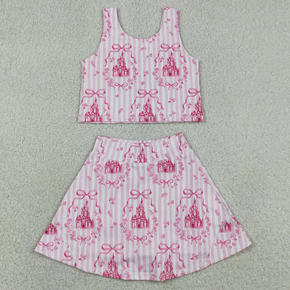 Baby Girls Clothes Pink Stripe Bows Castles Vests Skirt Short Yoga Active Clothes Set GSD3814