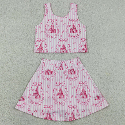 Baby Girls Clothes Pink Stripe Bows Castles Vests Skirt Short Yoga Active Clothes Set GSD3814