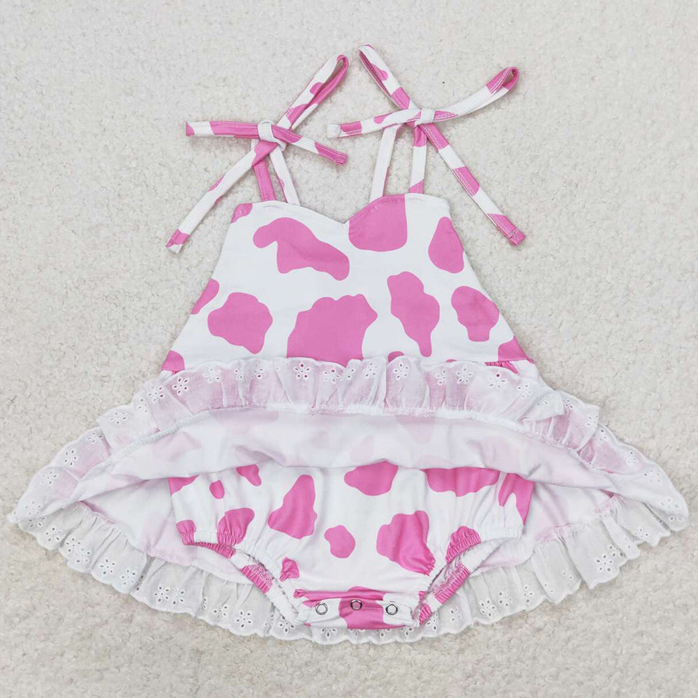 Baby Infant Girls Rompers Pink Cow Print Straps Bummie Rompers SR1549