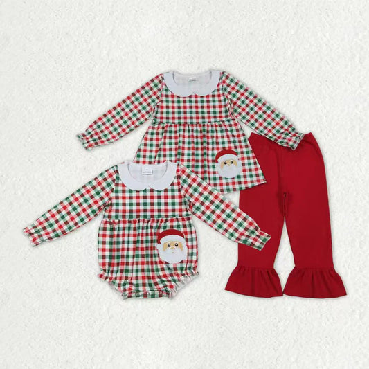 Sibling Baby Girls Red Green Checked Embroidery Santa Tunic Ruffle Pants Christmas Set Rompers 11.5