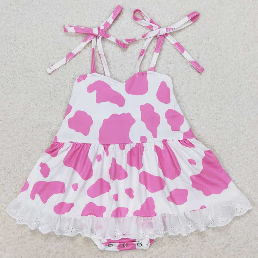 Baby Infant Girls Rompers Pink Cow Print Straps Bummie Rompers SR1549