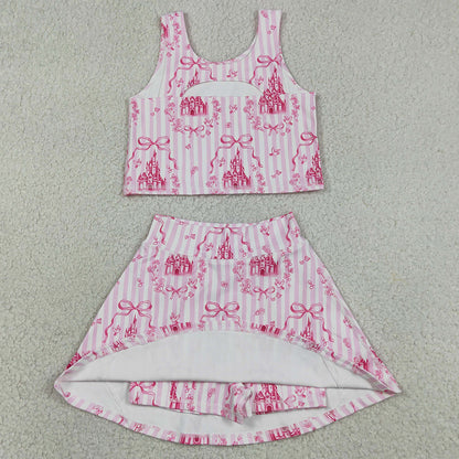 Baby Girls Clothes Pink Stripe Bows Castles Vests Skirt Short Yoga Active Clothes Set GSD3814