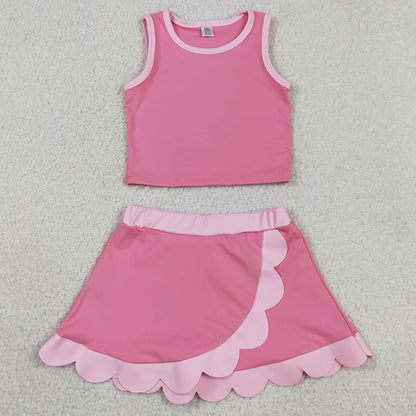 Baby Girls Clothes Sleeveless Pink Vest Scallop Skirt Short Yoga Active Clothes Set GSD4063
