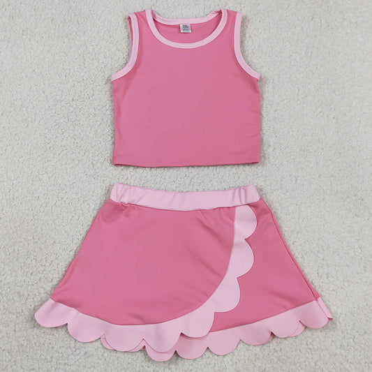 Baby Girls Clothes Sleeveless Pink Vest Scallop Skirt Short Yoga Active Clothes Set GSD4063