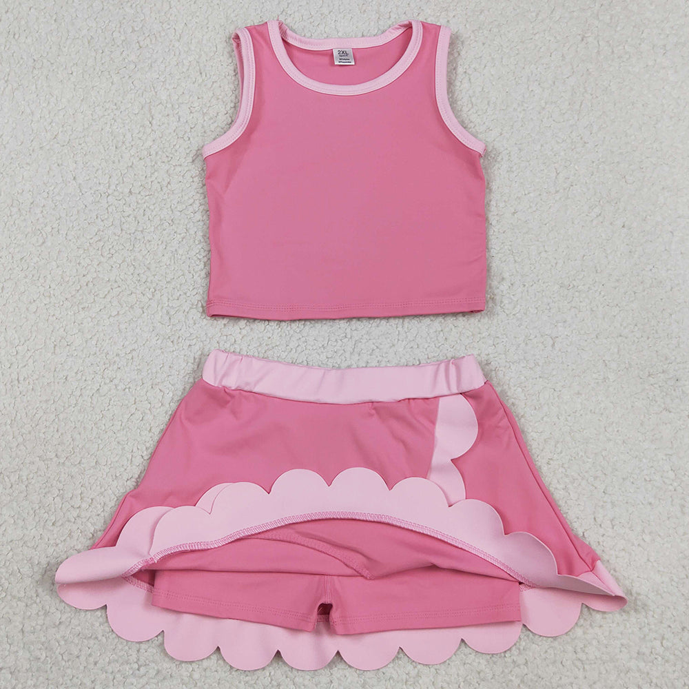 Baby Girls Clothes Sleeveless Pink Vest Scallop Skirt Short Yoga Active Clothes Set GSD4063