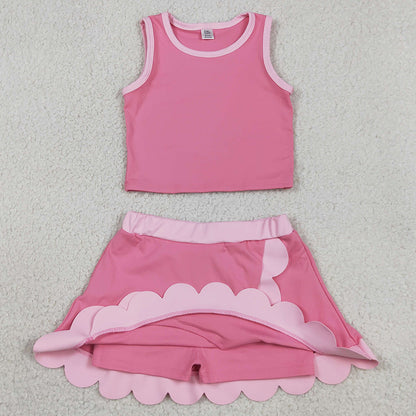 Baby Girls Clothes Sleeveless Pink Vest Scallop Skirt Short Yoga Active Clothes Set GSD4063