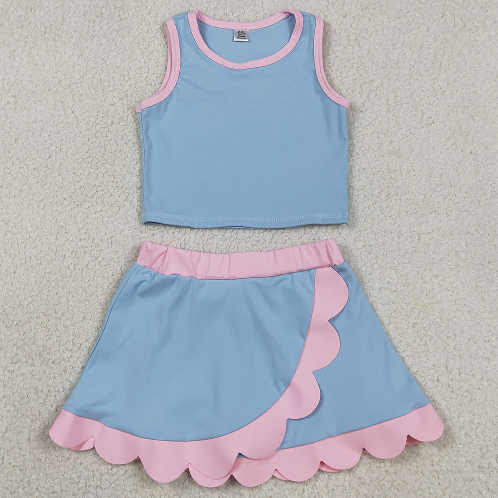 Baby Girls Clothes Sleeveless Blue Pink Vest Scallop Skirts Shorts Yoga Active Clothes Set GSD4014